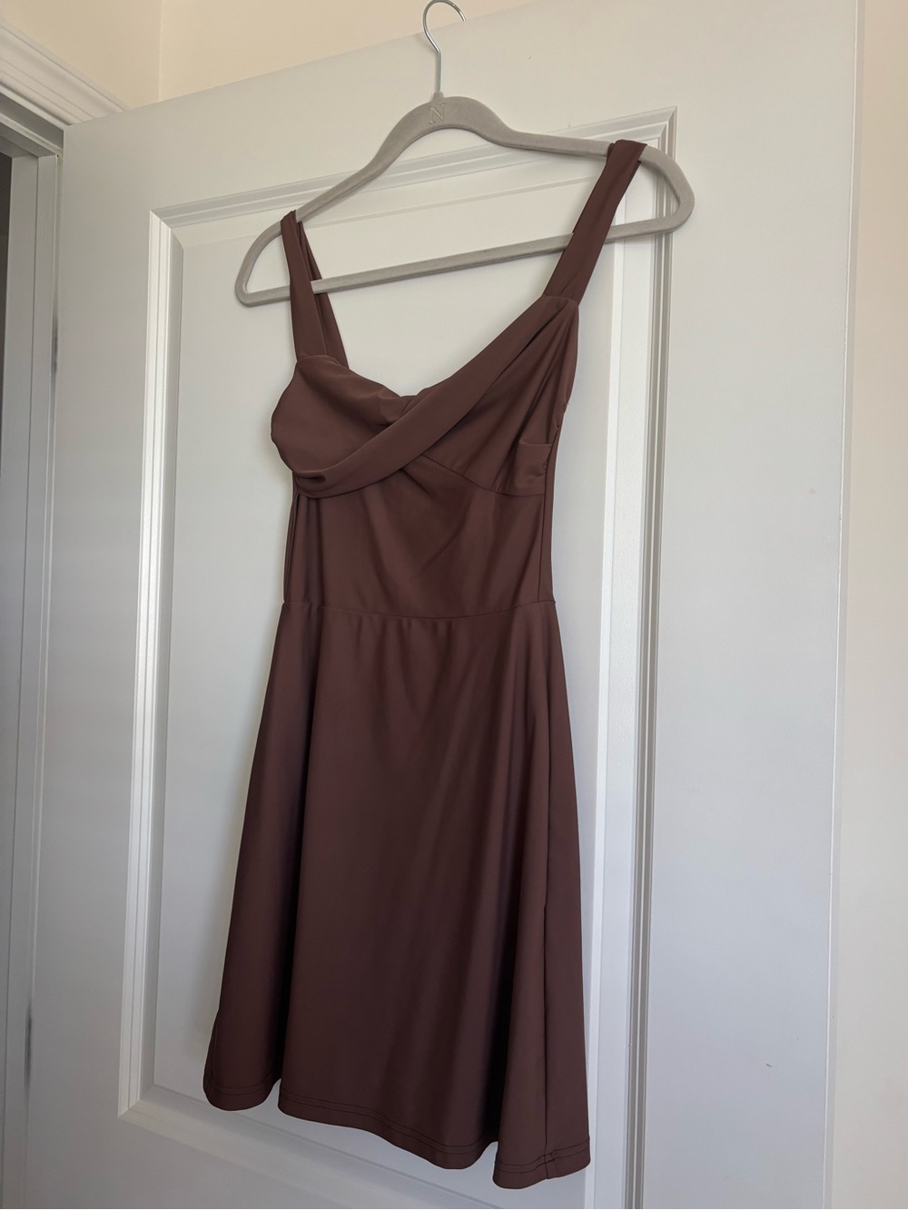 Brown Sleeveless A-Line Dress with Draped Bodice